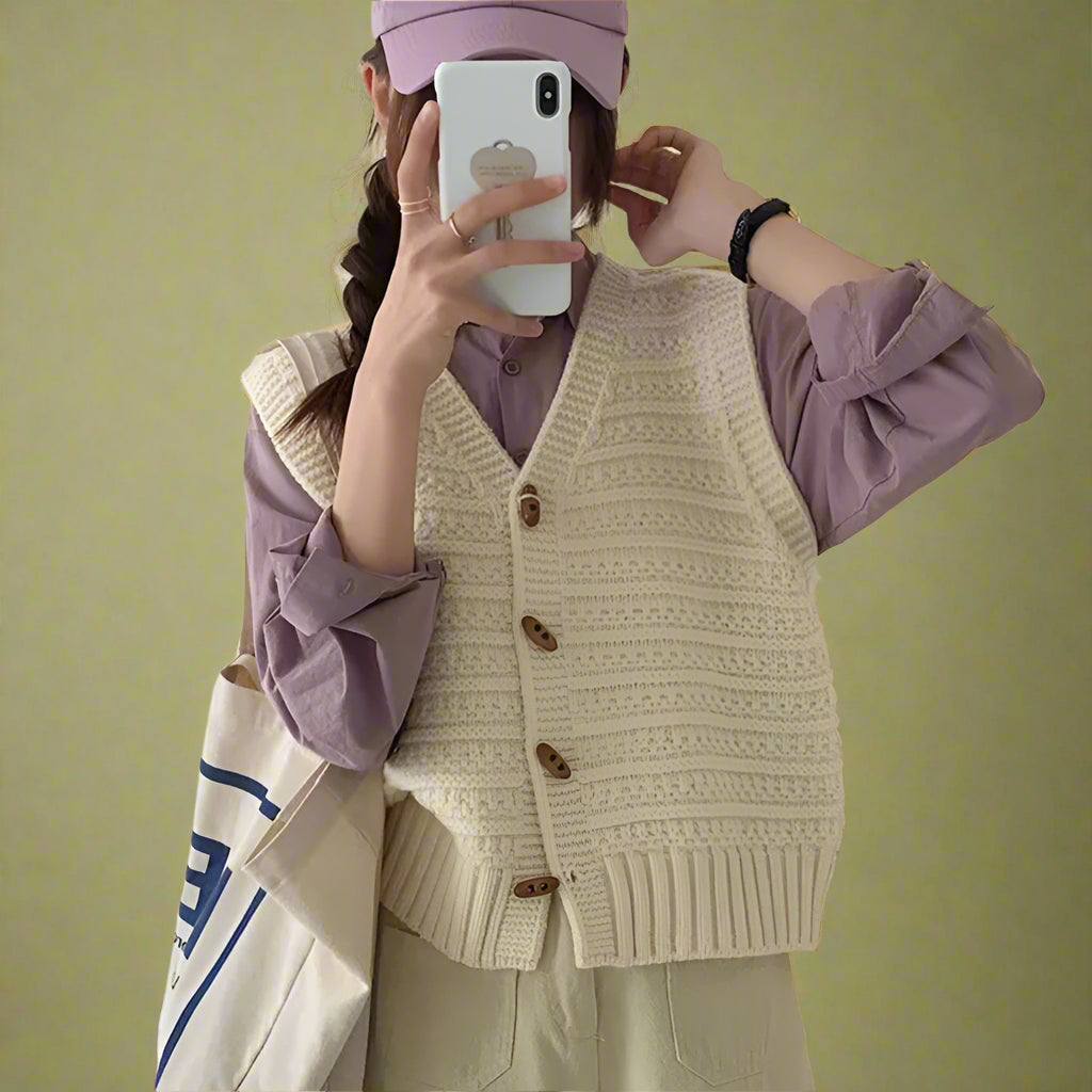 Vintage Textured Sleeveless Cardigan cottagecoreclothes