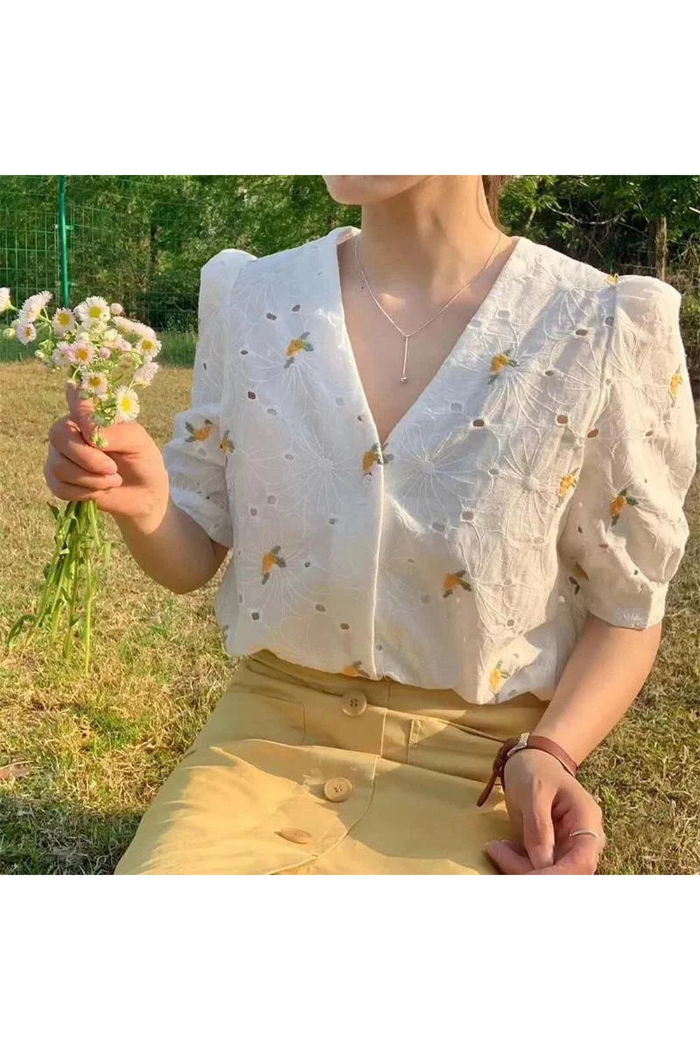 Sunbeam Dapple V-Neck Blouse cottagecoreclothes