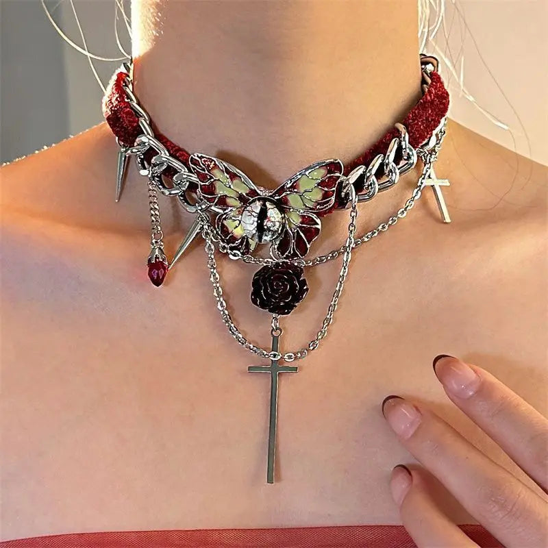 Dark Cottagecore Crimson Requiem Charm Choker