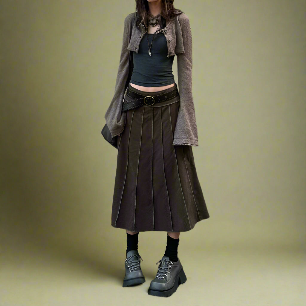 Goblincore Brown Panel Midi Skirt cottagecoreclothes