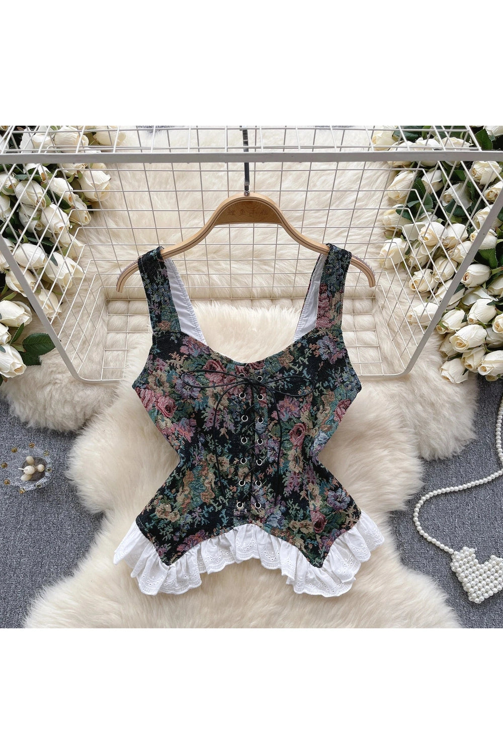 Retro Print Lace Top cottagecoreclothes