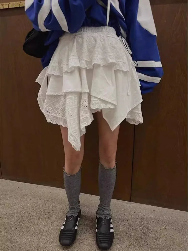 Mori Girl Asymmetrical Eyelet Lace Skirt