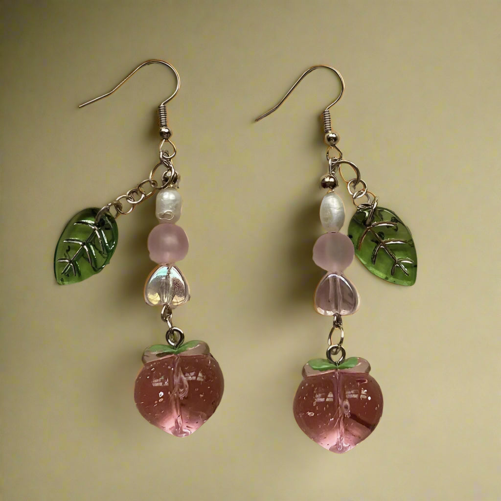 Fairycore Leaf and Peach Beaded Earrings cottagecoreclothes