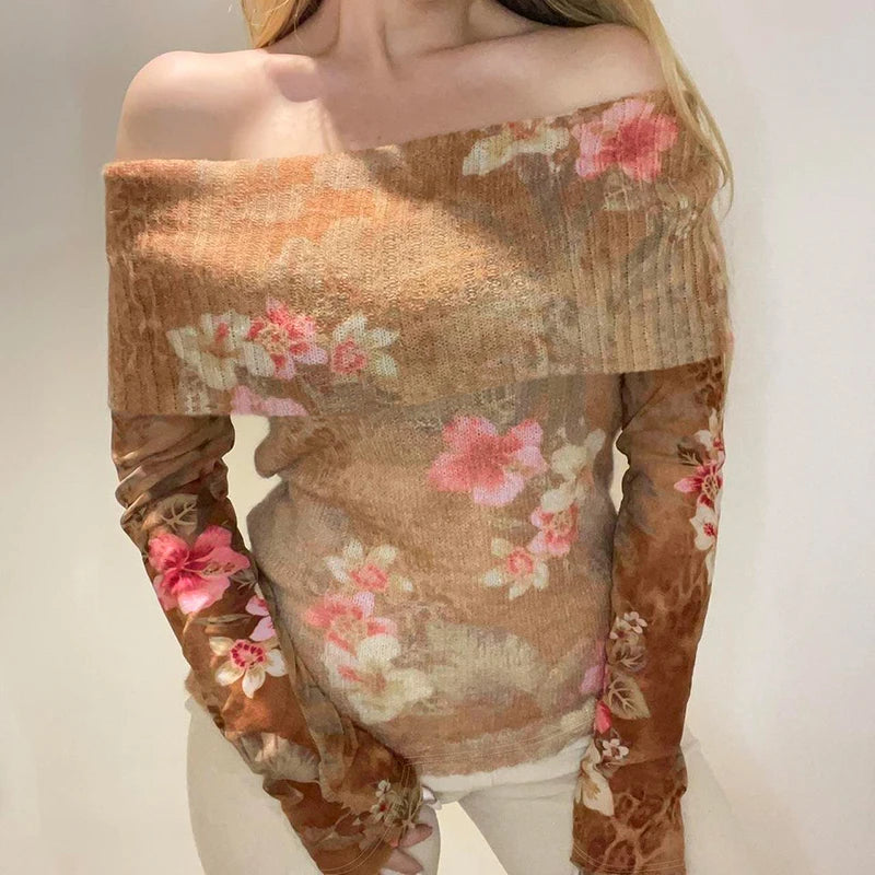 Mori Girl Off Shoulder Floral Knit Top
