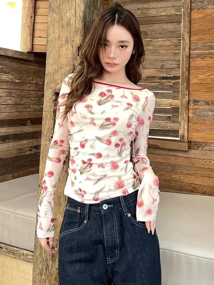 Rose Print Flare Sleeve Top