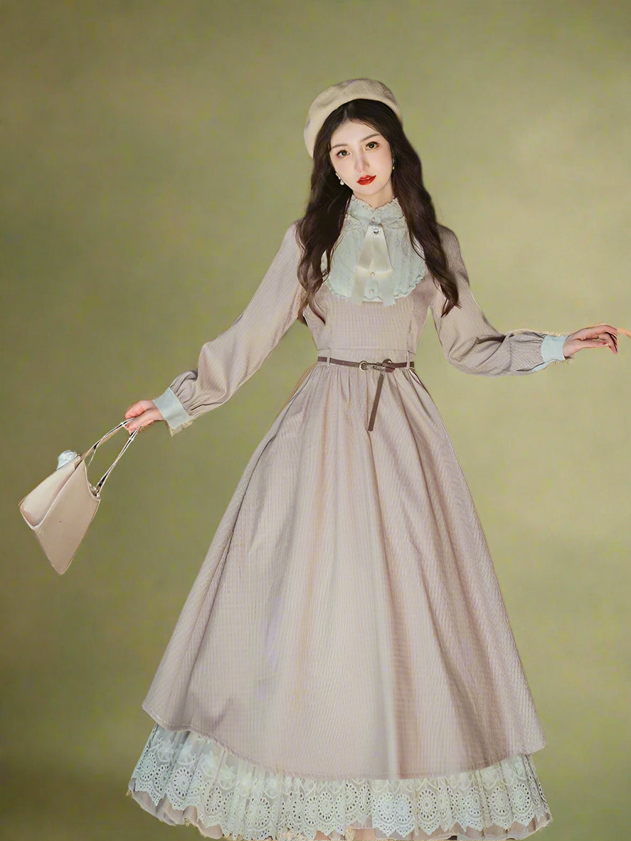 Vintage Elegant High Neck Midi Dress cottagecoreclothes