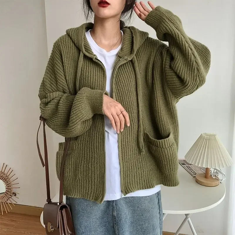 Goblincore Mossy Knit Zip Hoodie Cardigan