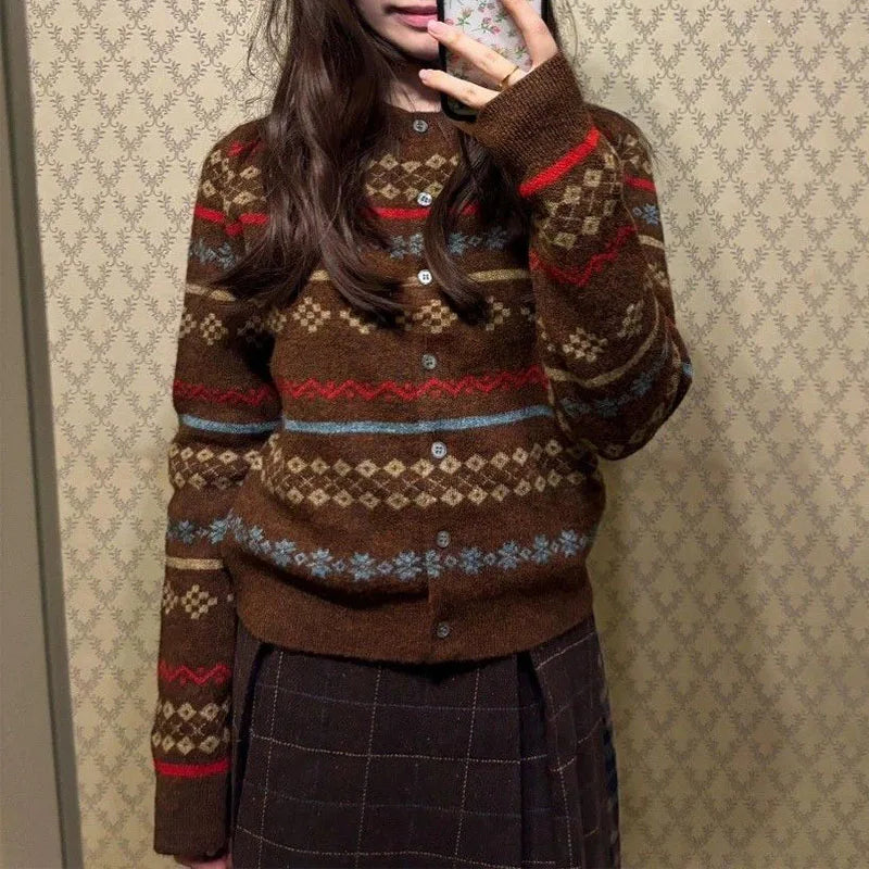 Cottagecore Fair Isle Cropped Knit Cardigan