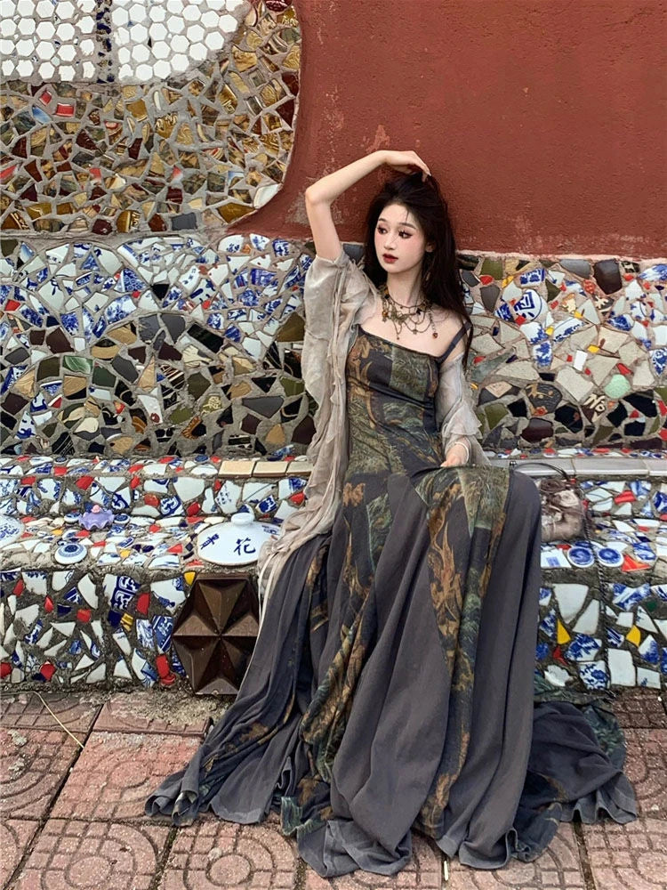 Goblincore Forest Print Boho Maxi Dress