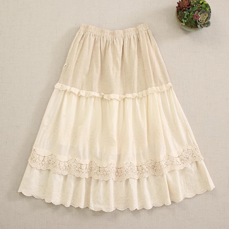 Mori Girl Lace-Tiered Midi Skirt