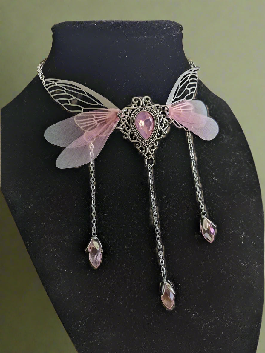 Fairycore Crystal Winged Pendant Necklace cottagecoreclothes