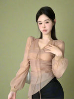 Fairycore Sheer Ruched V-Neck Blouse cottagecoreclothes