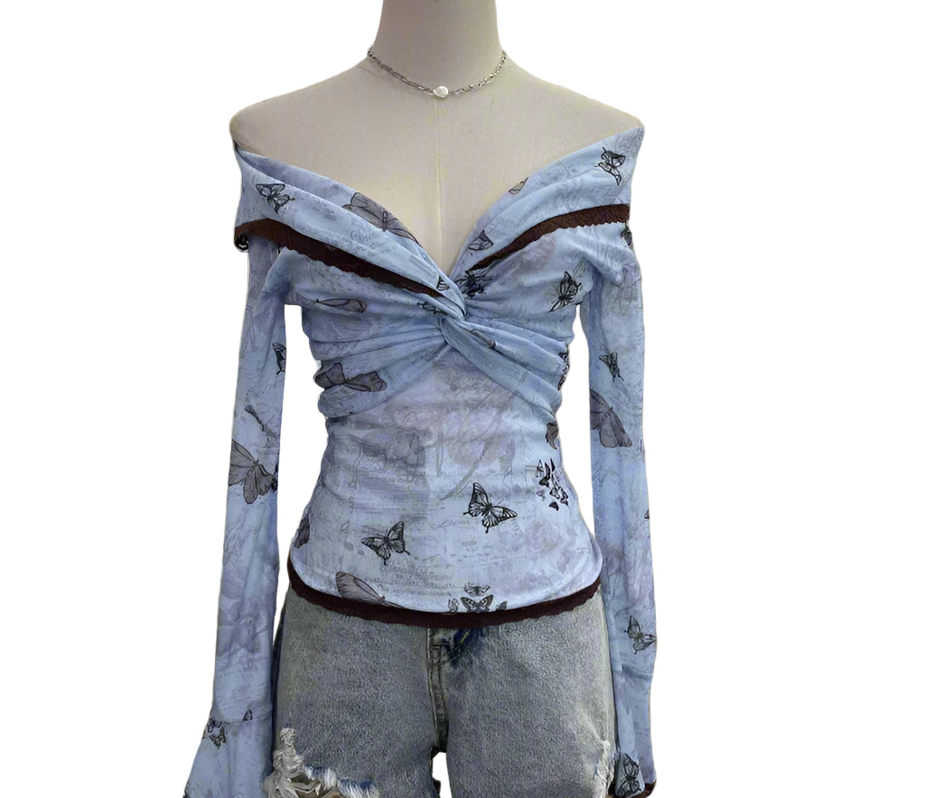 Fairycore Off-Shoulder Floral Mesh Top cottagecoreclothes