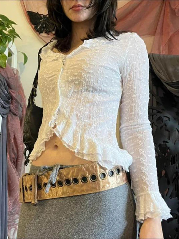 Fairycore Sheer Ruffled Button-Up Blouse cottagecoreclothes