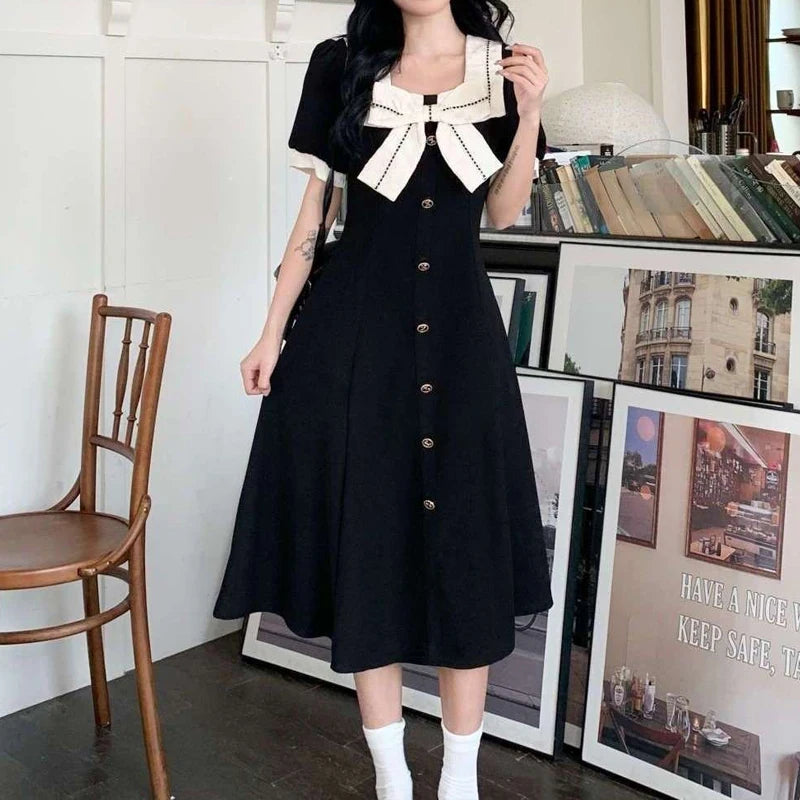 Retro Bow Collar Button-Up Dress cottagecoreclothes