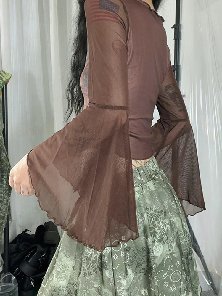 Fairycore Rusted Wings Mesh Bell Sleeve Blouse cottagecoreclothes