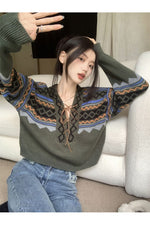 Lace-up V-neck Fall Sweater cottagecoreclothes