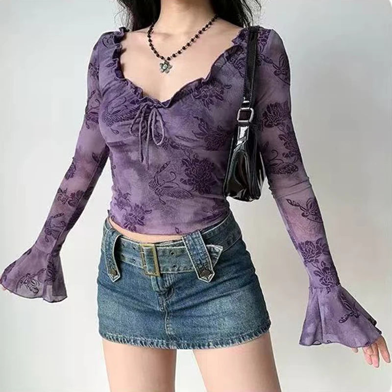 Fairycore Ruffle Bell Sleeve Mesh Top