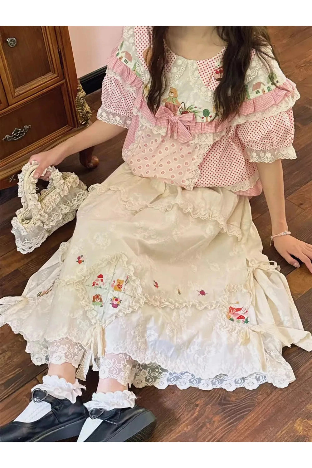 Mori Girl Embroidered Lace Skirt cottagecoreclothes