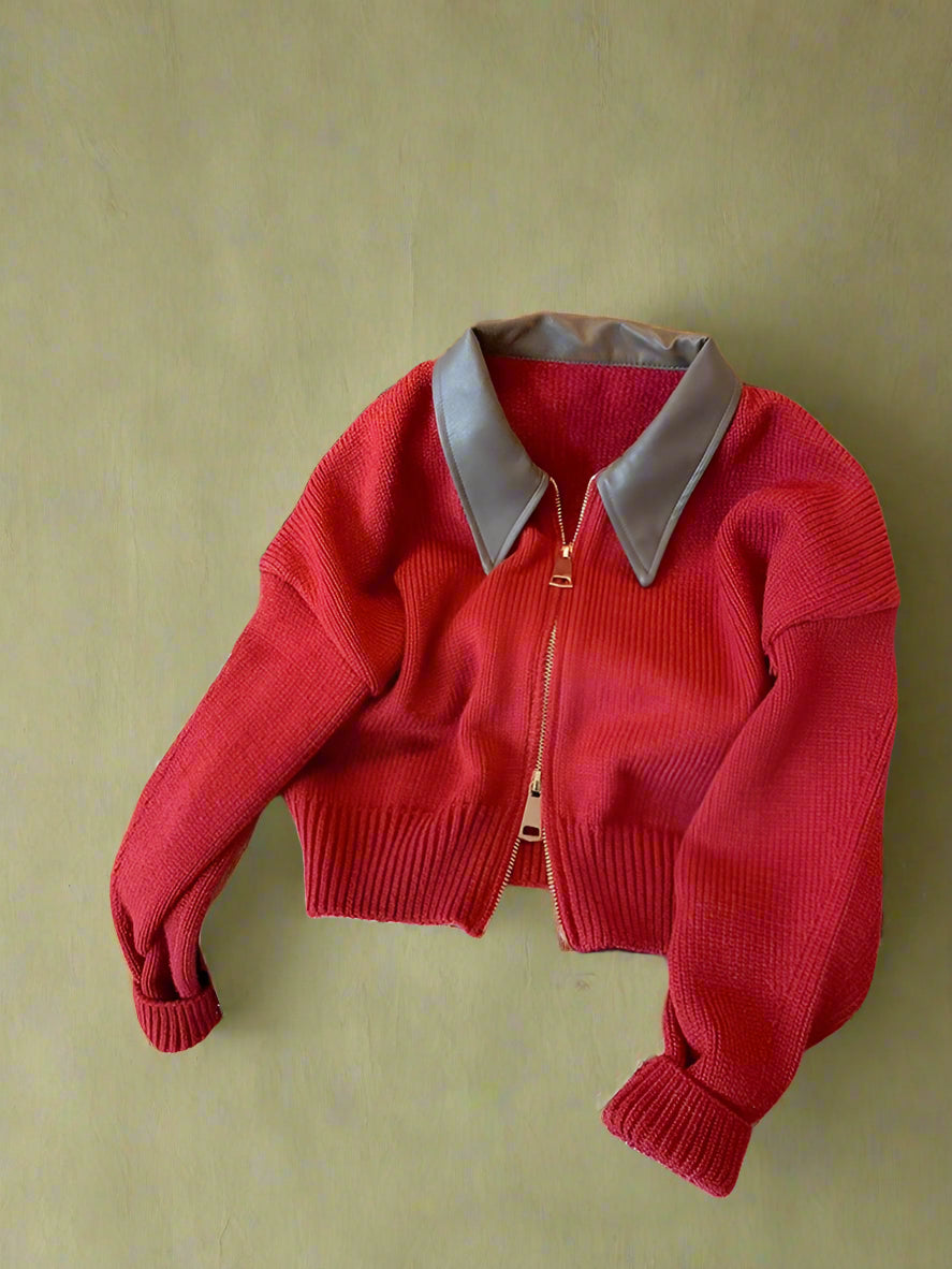 Vintage Leather Collar Zip-Up Cardigan cottagecoreclothes