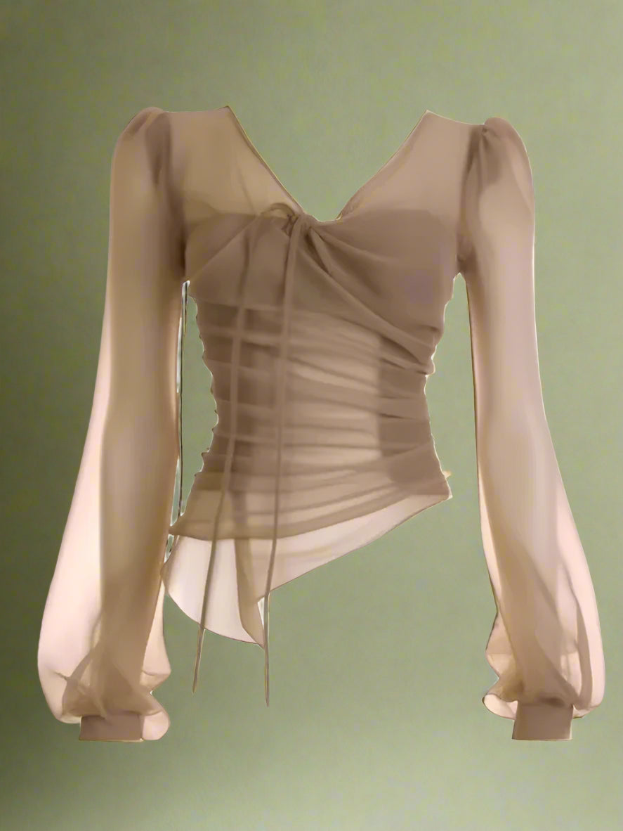 Fairycore Sheer Ruched V-Neck Blouse cottagecoreclothes