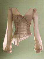 Fairycore Sheer Ruched V-Neck Blouse cottagecoreclothes