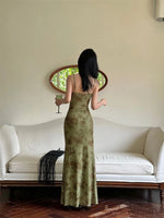 Retro Olive Ruched Floral Maxi Dress