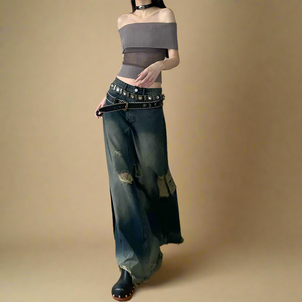 Grunge Distressed Dark Denim Maxi Skirt cottagecoreclothes