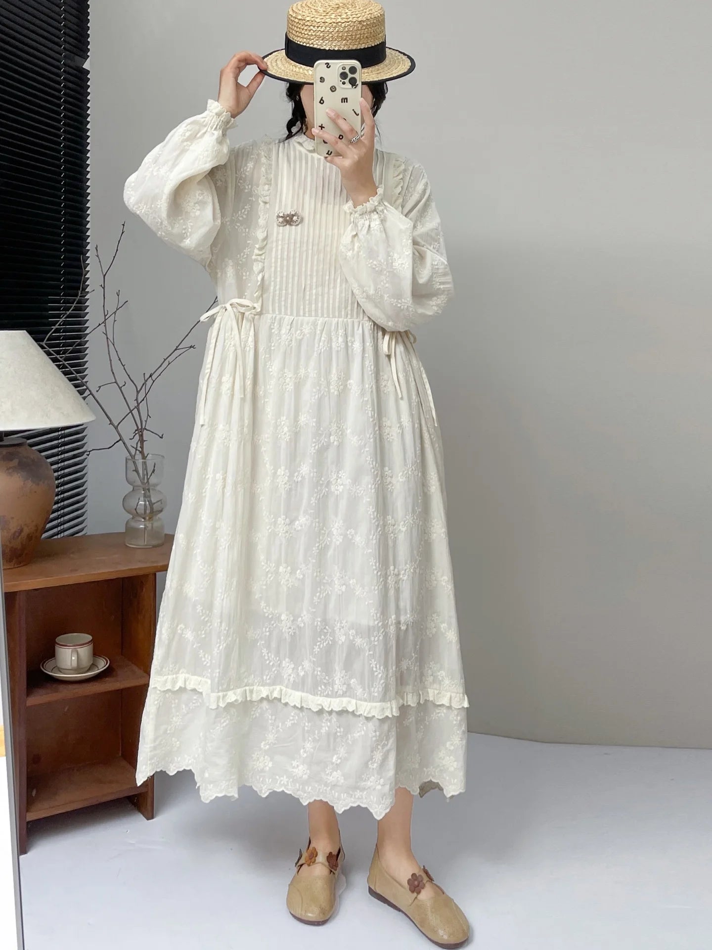 Mori Girl Ivory Embroidered Ruffle Midi Dress