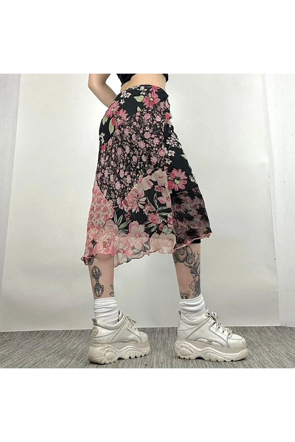 Goblincore Patchwork Floral Midi Skirt cottagecoreclothes