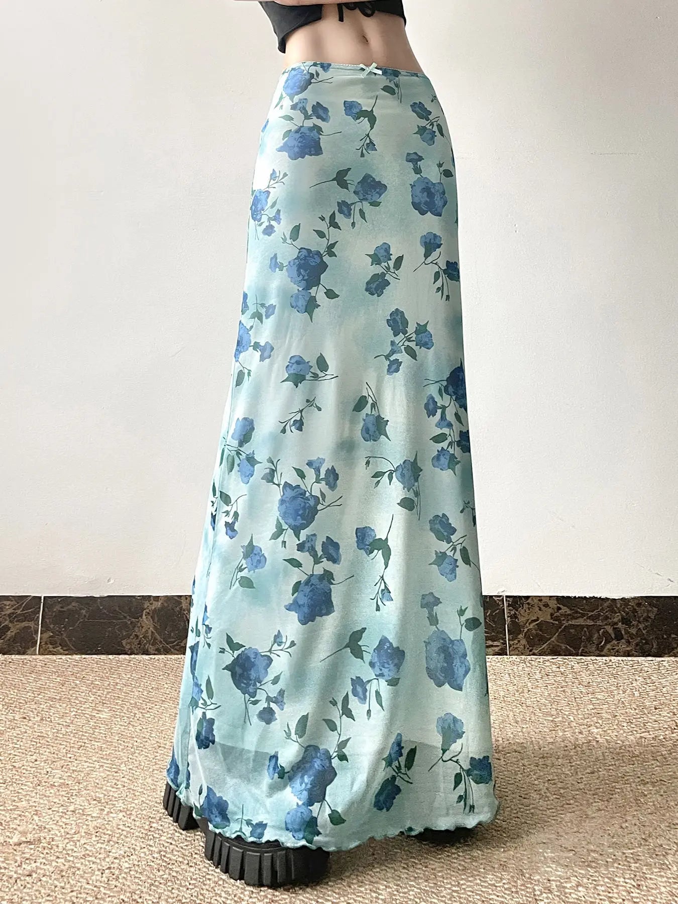 Fairycore Blue Rose Chiffon Midi Skirt