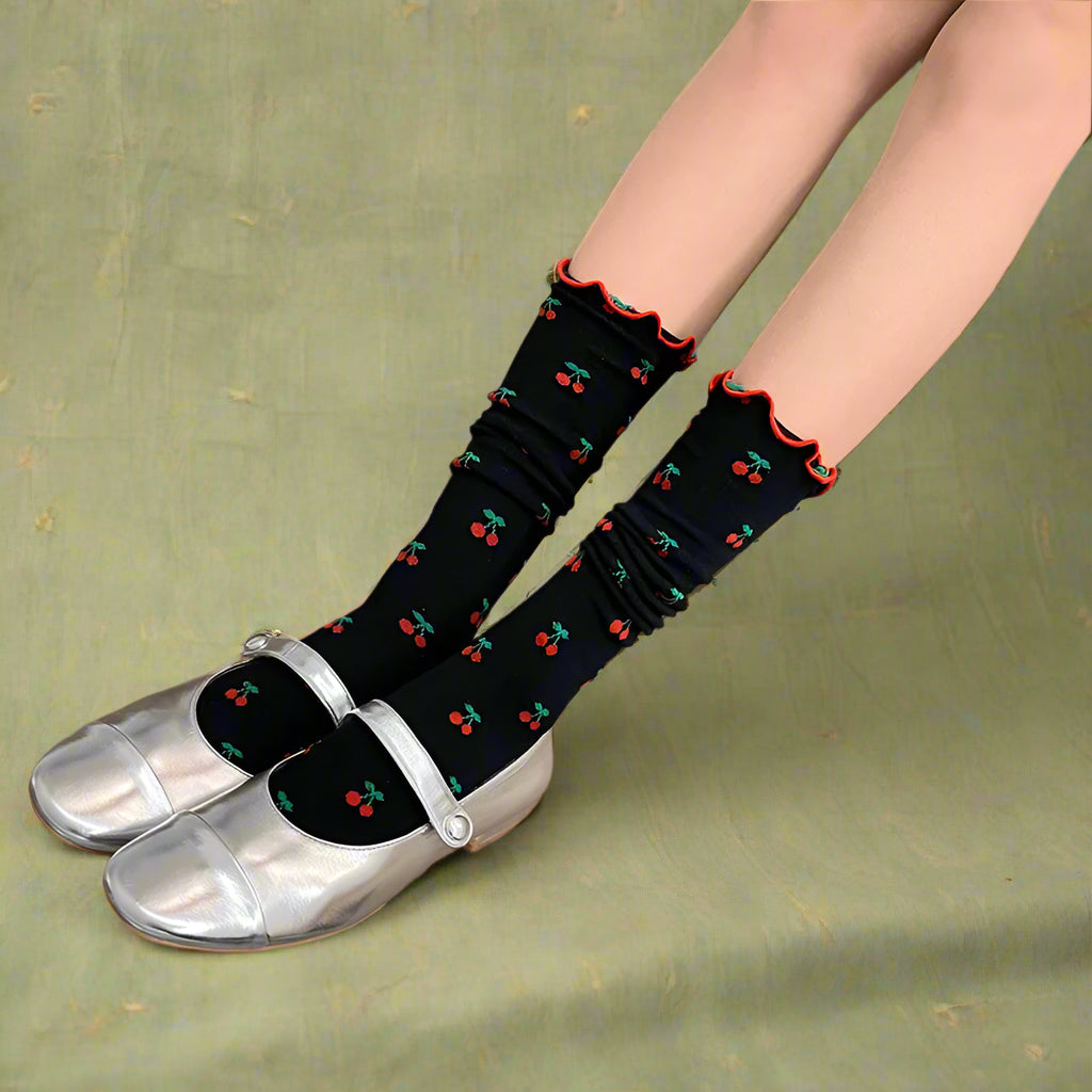 Vintage Cherry Print Ruffle Socks cottagecoreclothes