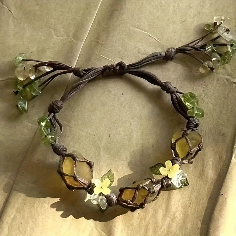 Goblincore Citrine Stone & Wildflower Macramé Bracelet