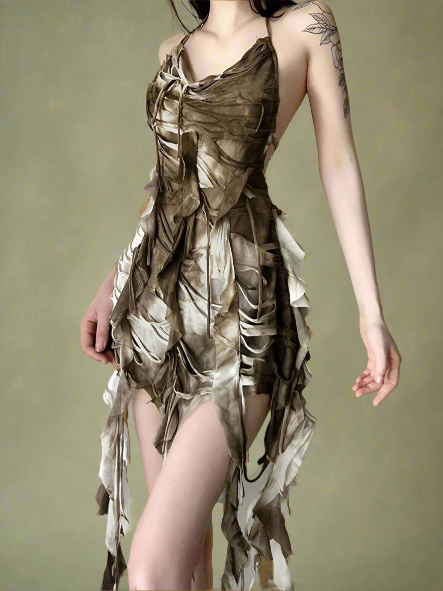 Fairycore Distressed Ruffle Mini Dress cottagecoreclothes