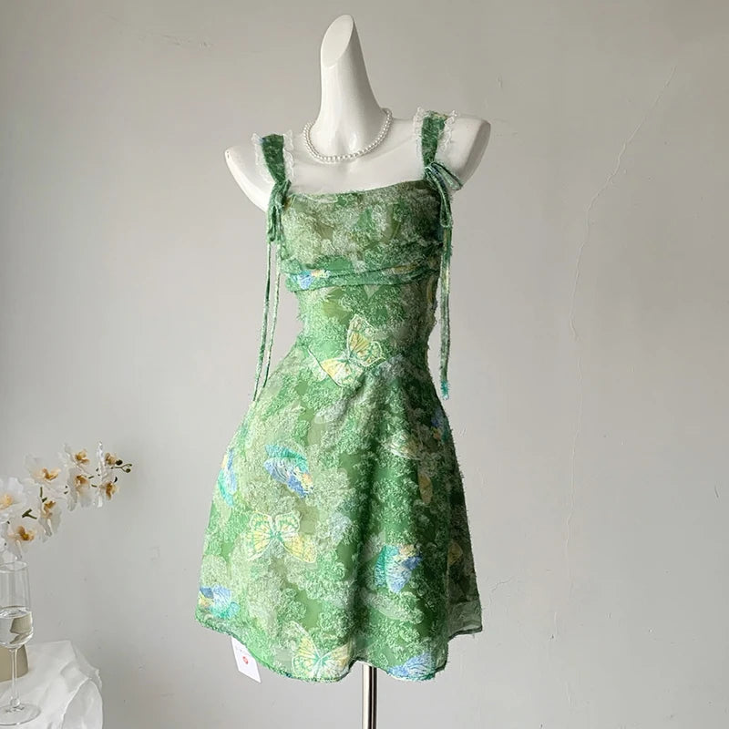 Fairycore Green Butterfly Strap Mini Dress