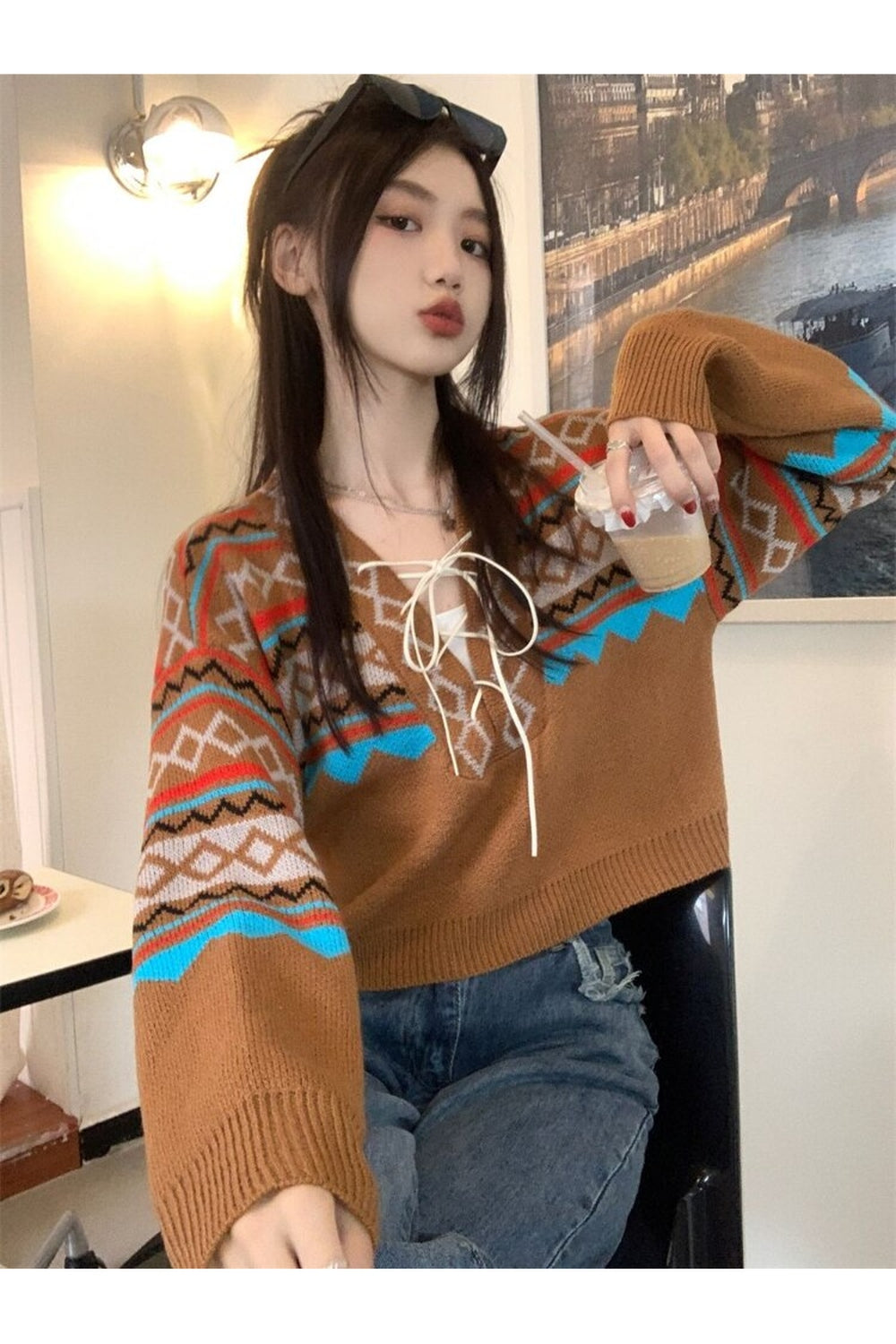 Lace-up V-neck Fall Sweater cottagecoreclothes