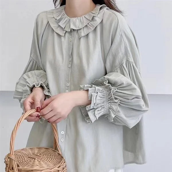 Mori Girl Gathered Ruffle Sleeve Blouse in Sage Linen
