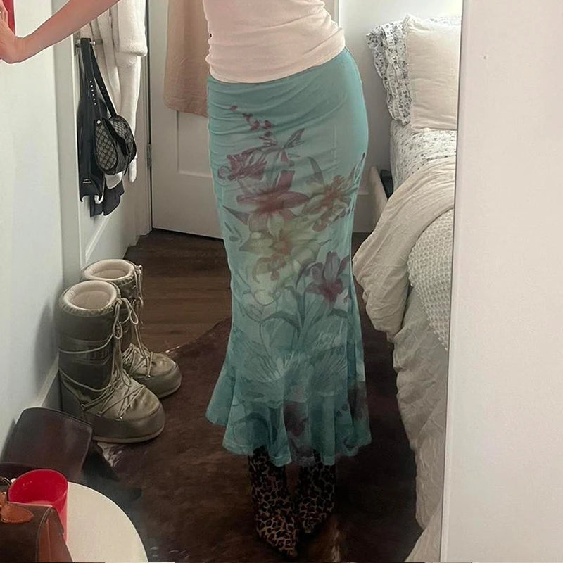 Fairycore Floral Print Ruffle Hem Mesh Skirt cottagecoreclothes