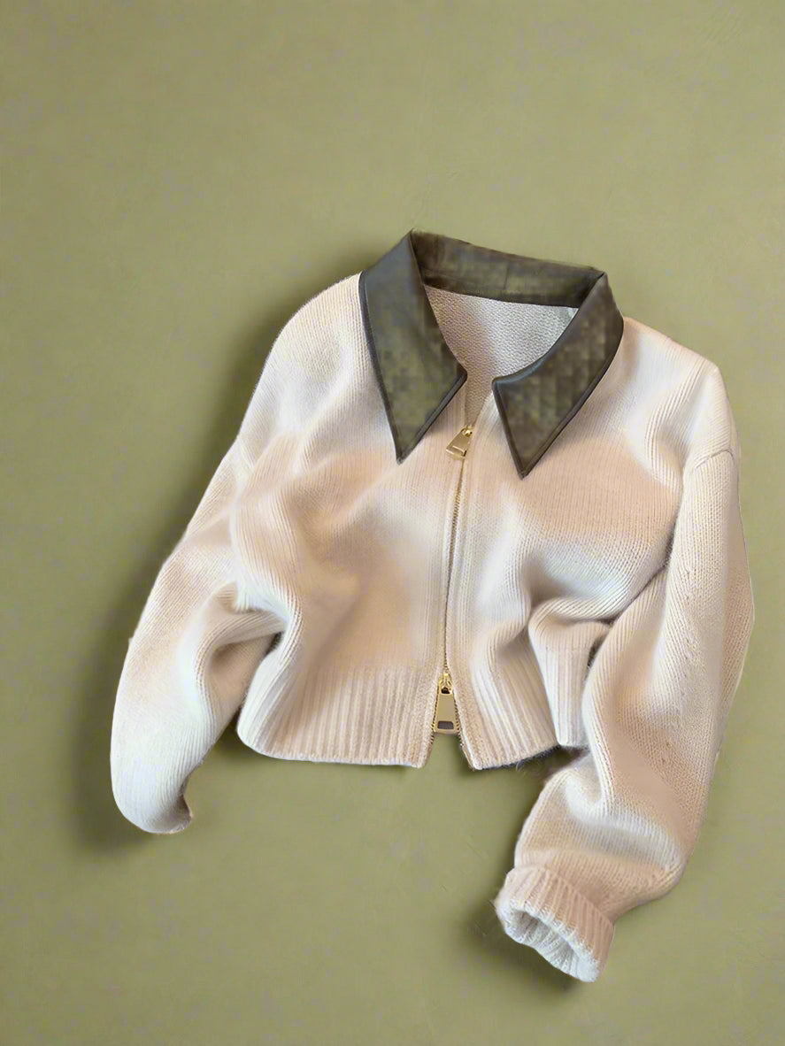 Vintage Leather Collar Zip-Up Cardigan cottagecoreclothes