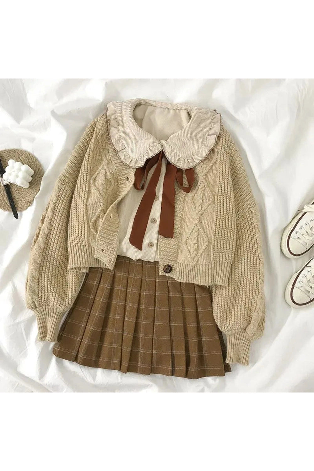 Mori Girl Bow Tie Plaid Outfit Set cottagecoreclothes