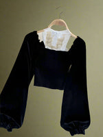 Vintage Black Velvet Bow-Tie Lace Top cottagecoreclothes