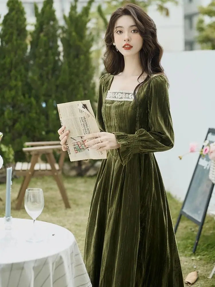 Cottagecore Olive Green Puff-Sleeve Dress - ottagecore clothes Cottagecore Olive Green Puff-Sleeve Dress - ottagecore clothes