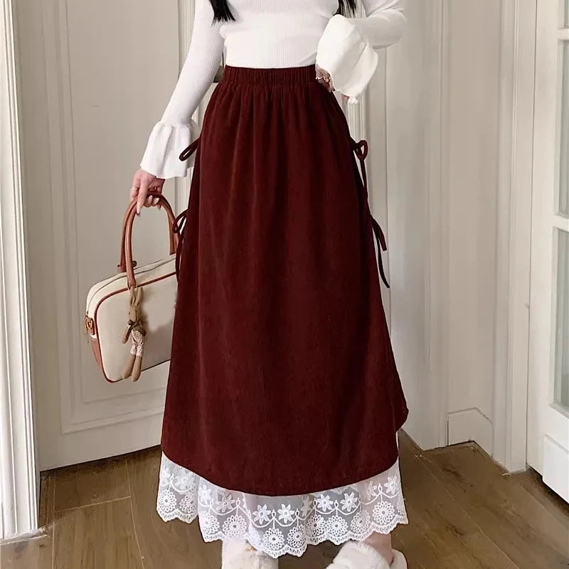 Fairycore Ivory Ribbon-Tied Lace Hem Maxi Skirt