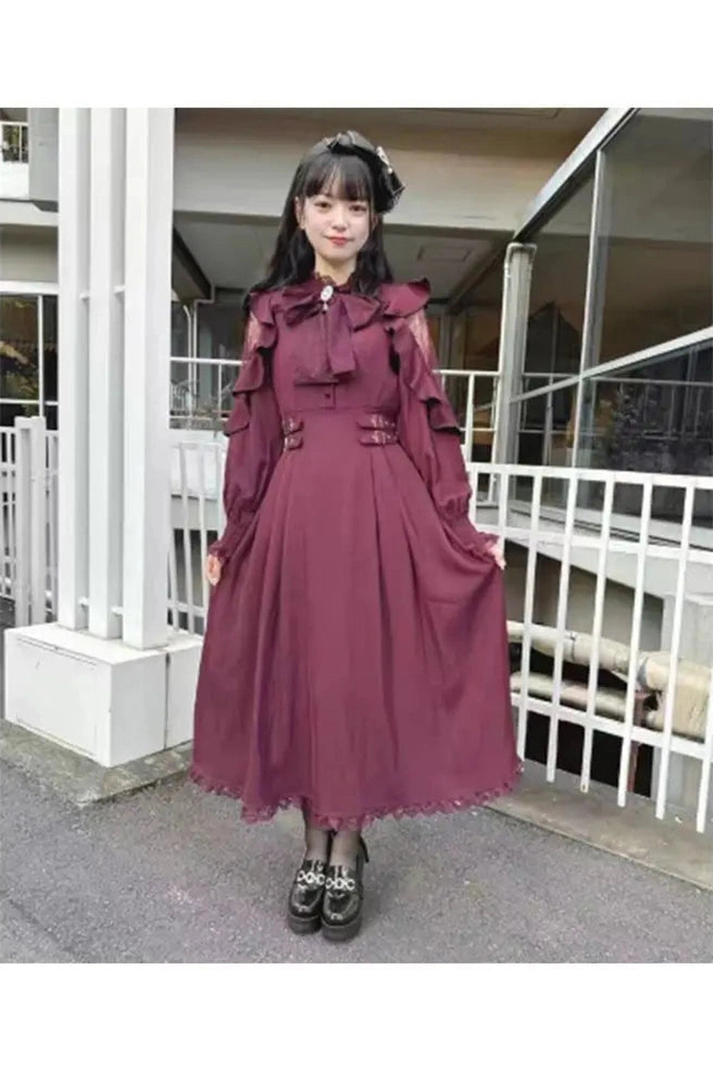 Vintage Bow Tie Long Sleeve Dress cottagecoreclothes