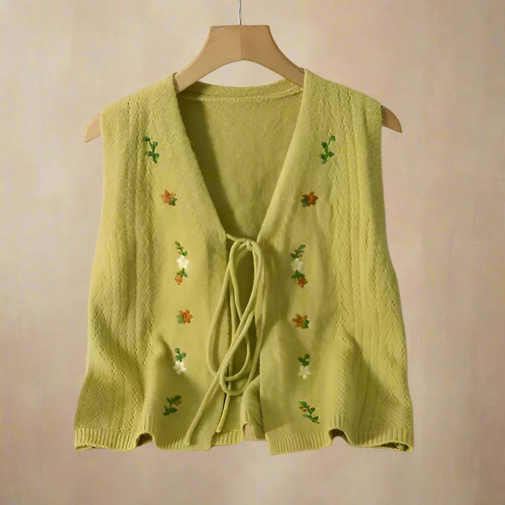 Cottagecore Tie-Front Floral Embroidered Knit Vest cottagecoreclothes