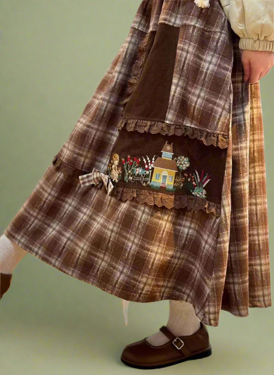 Goblincore Patchwork Plaid Embroidered Skirt cottagecoreclothes