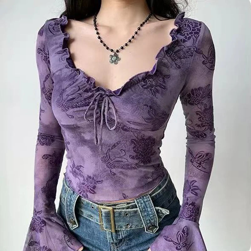 Fairycore Ruffle Bell Sleeve Mesh Top