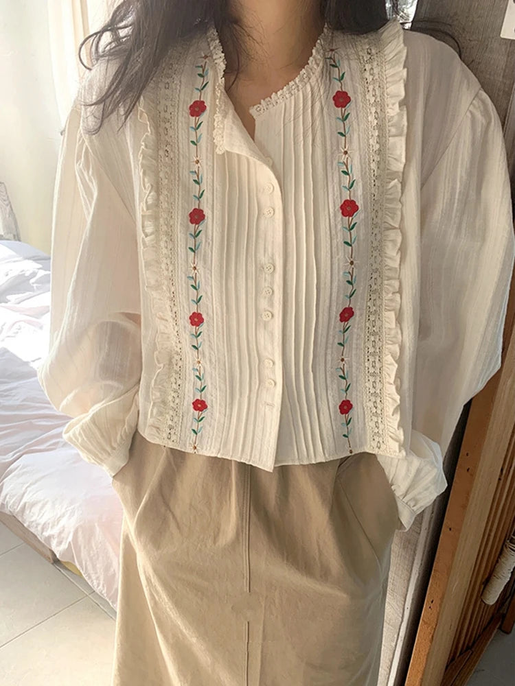 Mori Girl Floral Trim Boho Shirt
