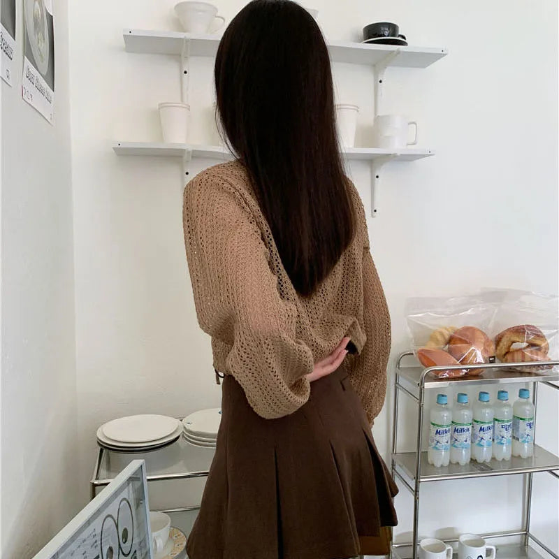 Mori Girl Hollow-Knit Tie-Front Crop Cardigan