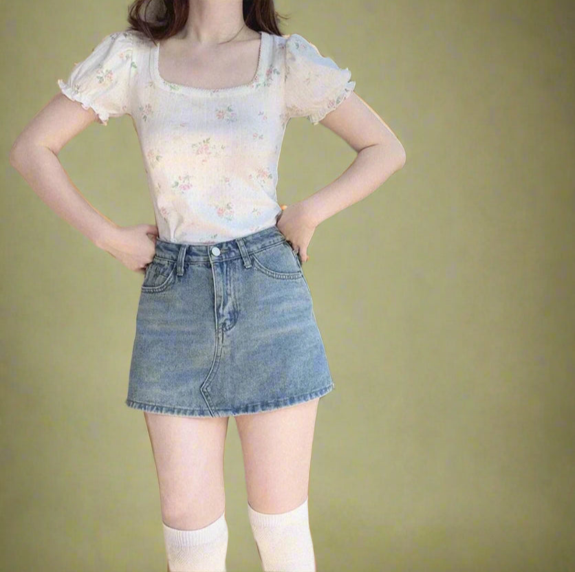 Vintage-Inspired Ribbed Floral Crop Top cottagecoreclothes